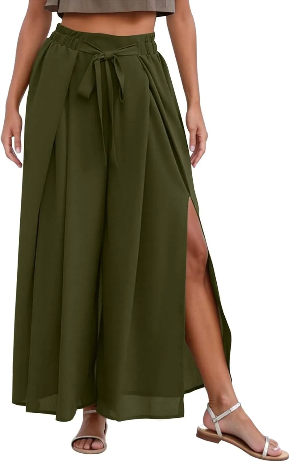 Pleated Wide Leg Pants for Women Tie Front High Waist Side Split Slit Flowy Wide Leg Pleated Flowy Pant with Belt