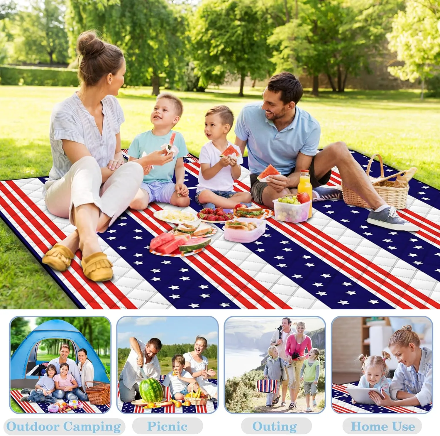 Poedist Extra Large Patriotic Picnic Blanket Waterproof,80"x 80"Foldable Machine Washable Beach Blanket,Outdoor Blanket for 6-8 Adults,Suitable for Indoor Crawling,Park Beach,Camping,Hiking,Family