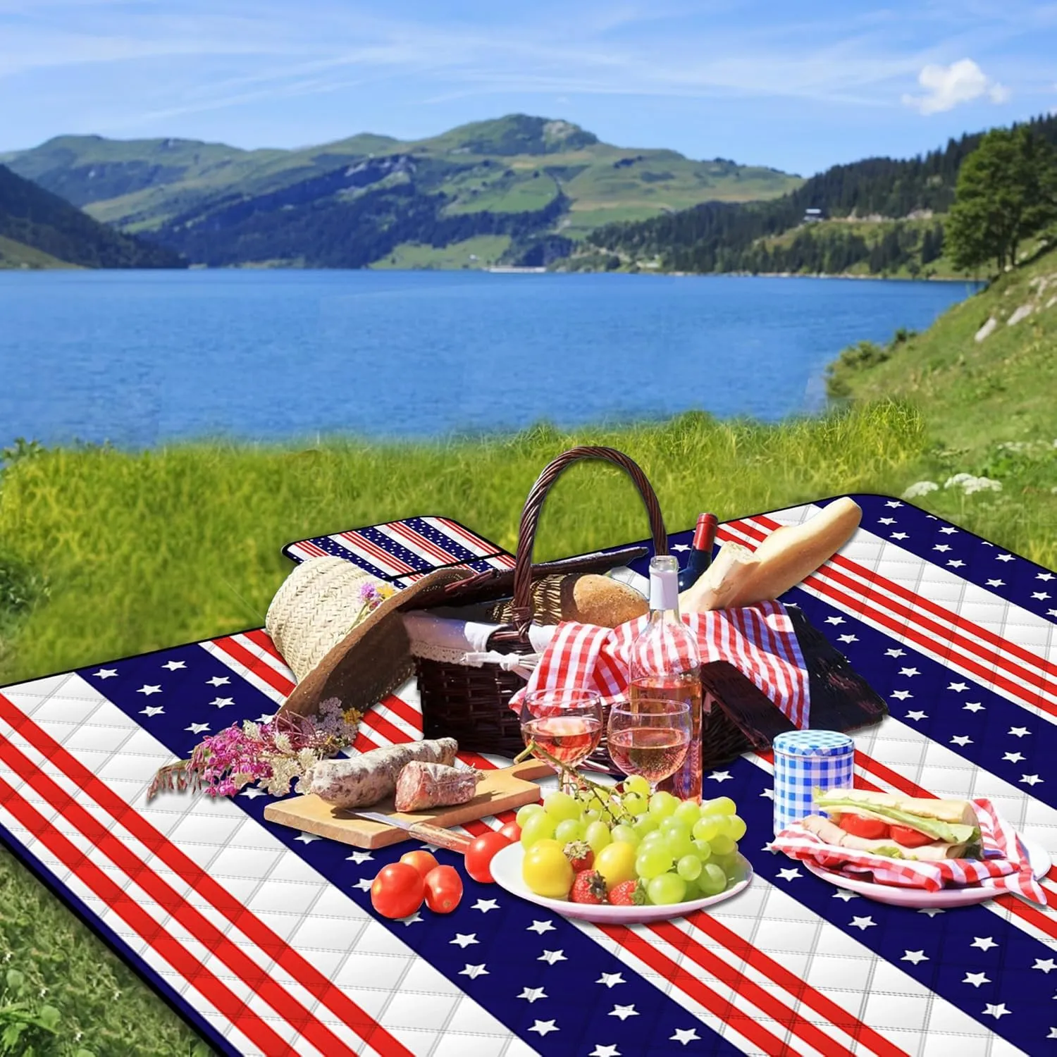 Poedist Extra Large Patriotic Picnic Blanket Waterproof,80"x 80"Foldable Machine Washable Beach Blanket,Outdoor Blanket for 6-8 Adults,Suitable for Indoor Crawling,Park Beach,Camping,Hiking,Family