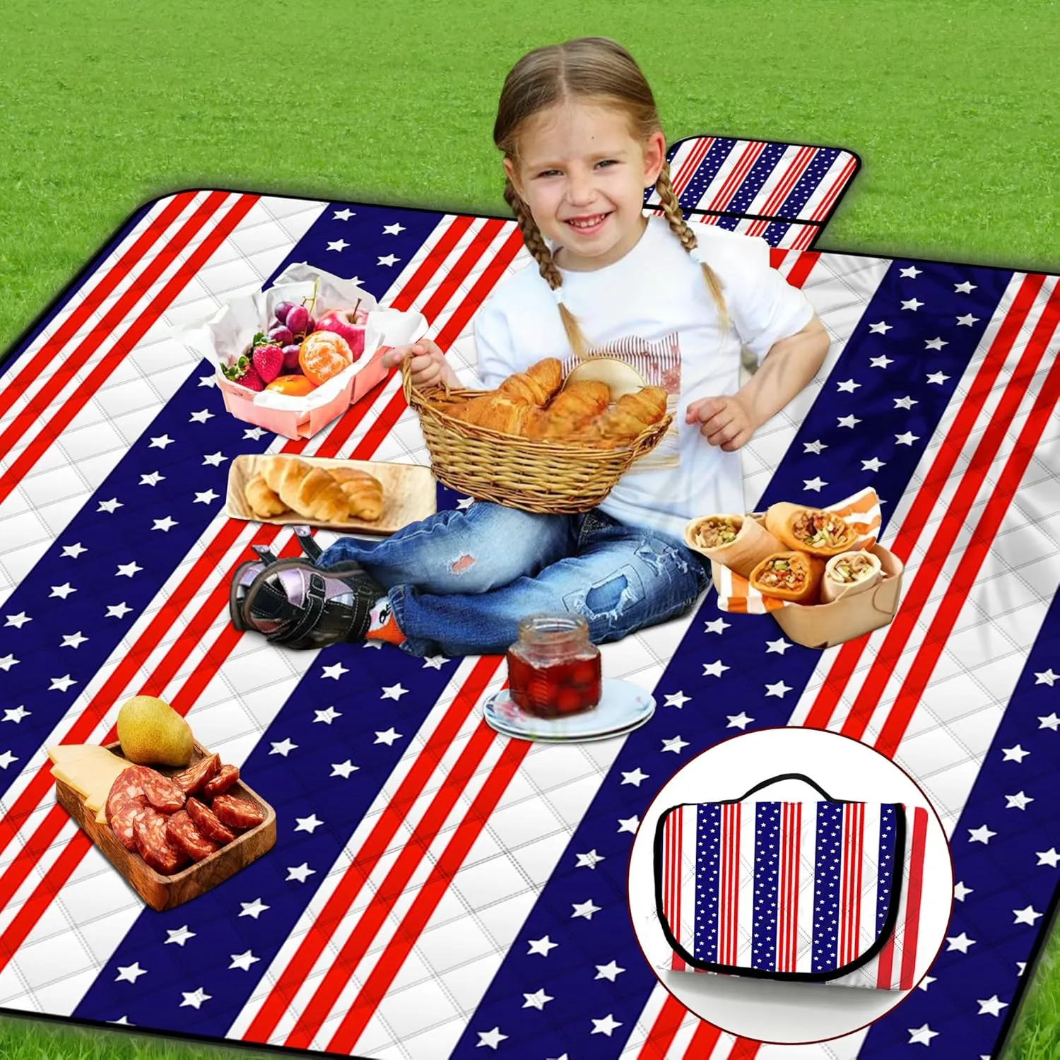 Poedist Extra Large Patriotic Picnic Blanket Waterproof,80"x 80"Foldable Machine Washable Beach Blanket,Outdoor Blanket for 6-8 Adults,Suitable for Indoor Crawling,Park Beach,Camping,Hiking,Family