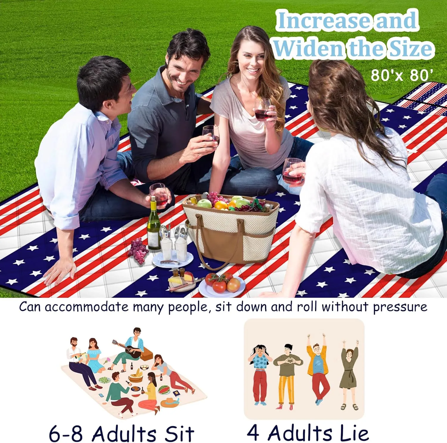 Poedist Extra Large Patriotic Picnic Blanket Waterproof,80"x 80"Foldable Machine Washable Beach Blanket,Outdoor Blanket for 6-8 Adults,Suitable for Indoor Crawling,Park Beach,Camping,Hiking,Family