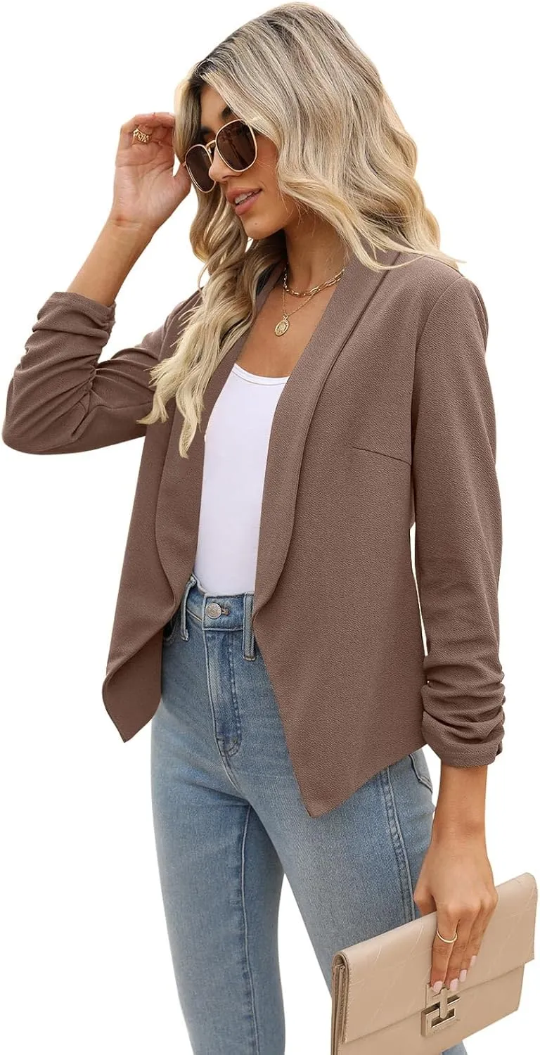 POGTMM Women 3/4 Sleeve Blazer Open Front Cardigan Jacket Work Office Blazer