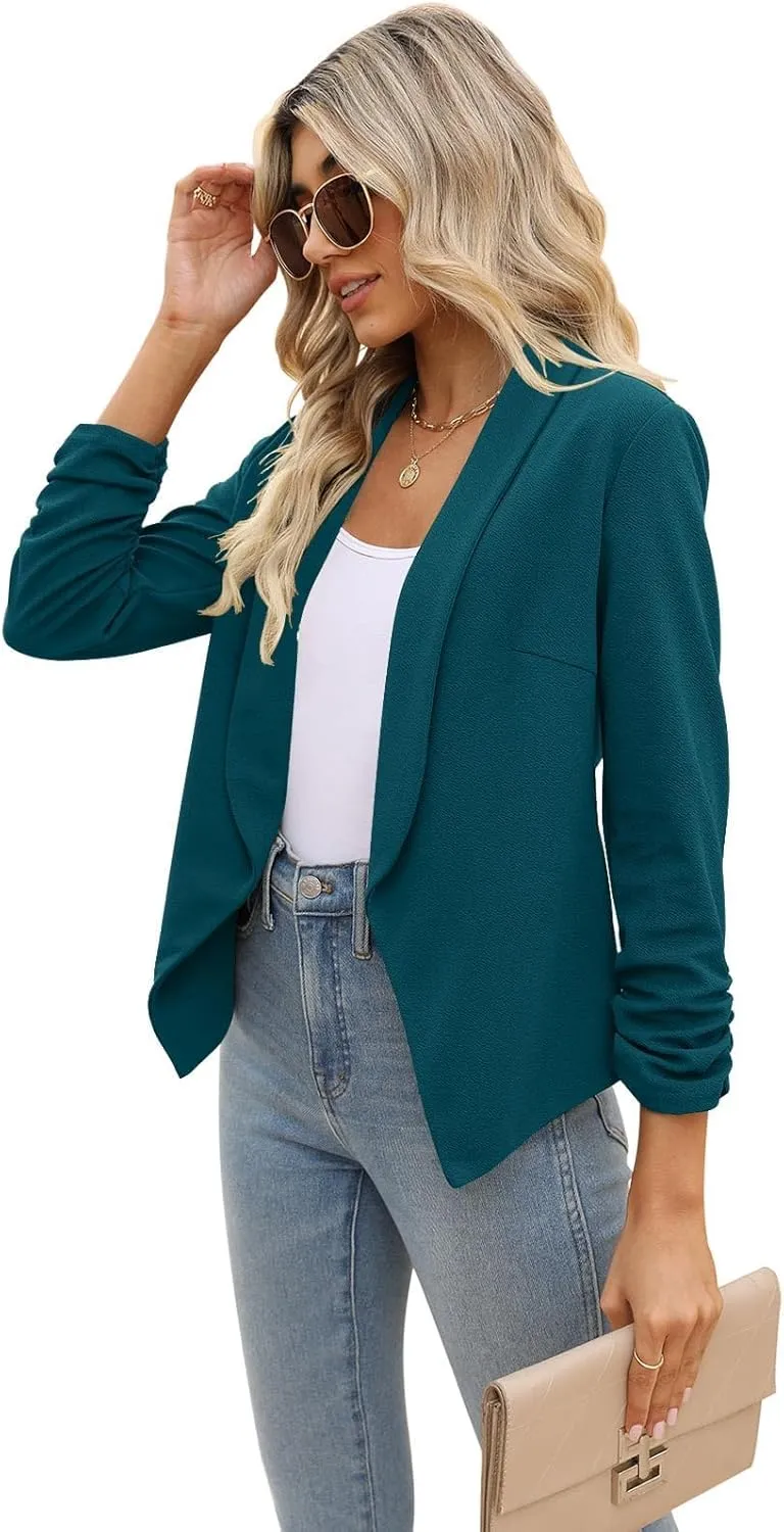 POGTMM Women 3/4 Sleeve Blazer Open Front Cardigan Jacket Work Office Blazer