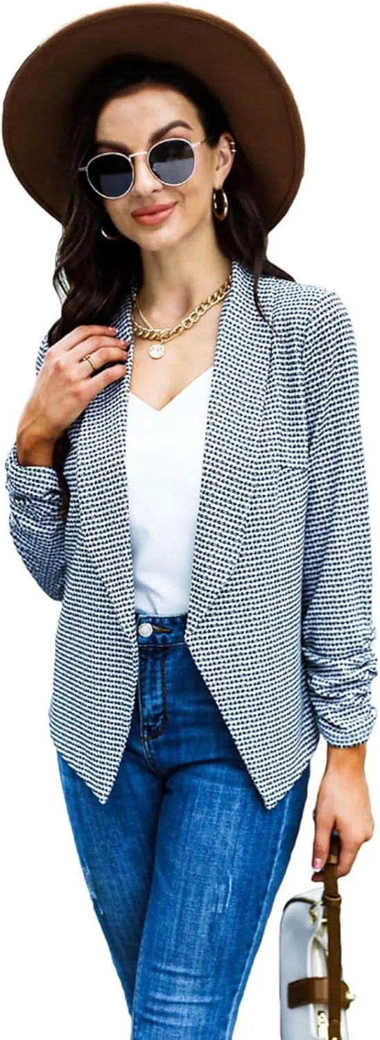 POGTMM Women 3/4 Sleeve Blazer Open Front Cardigan Jacket Work Office Blazer