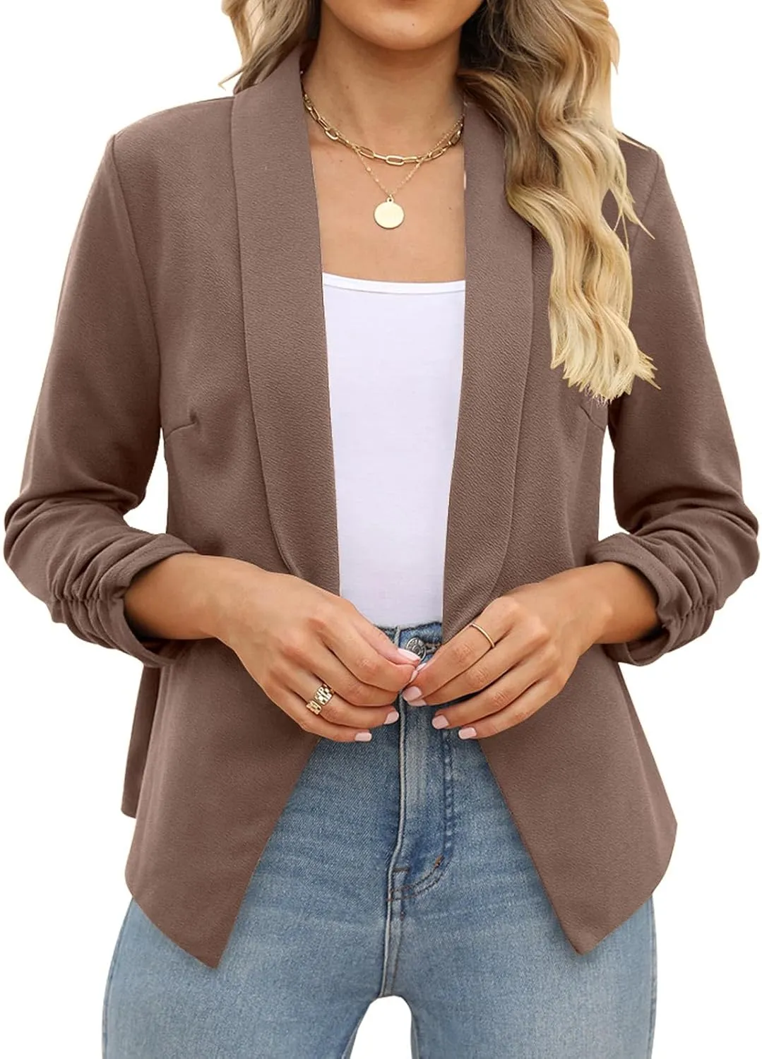 POGTMM Women 3/4 Sleeve Blazer Open Front Cardigan Jacket Work Office Blazer
