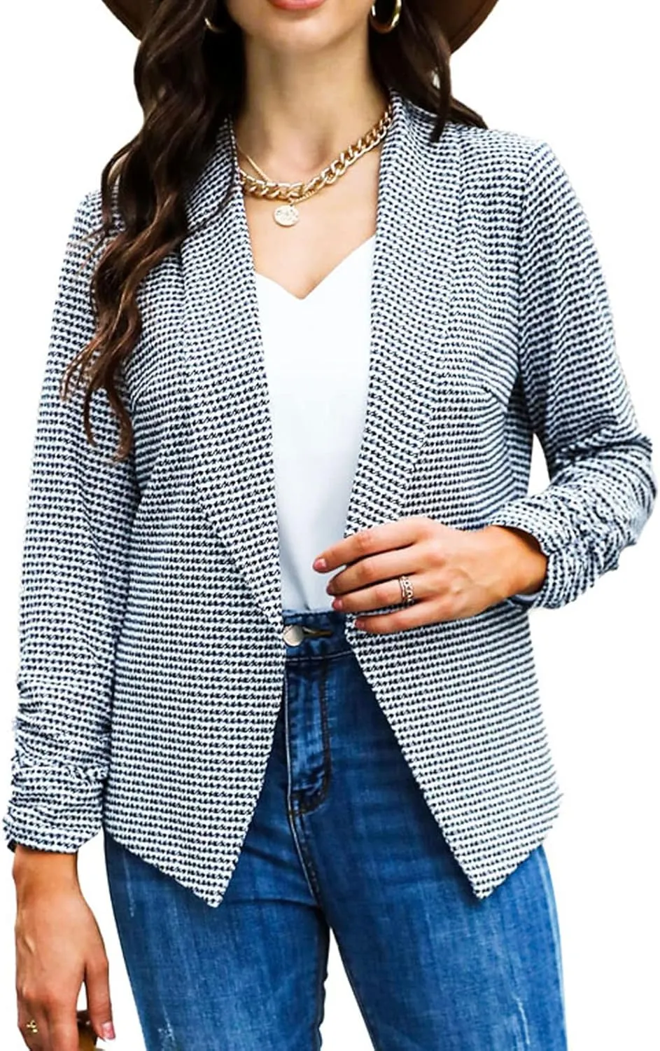 POGTMM Women 3/4 Sleeve Blazer Open Front Cardigan Jacket Work Office Blazer