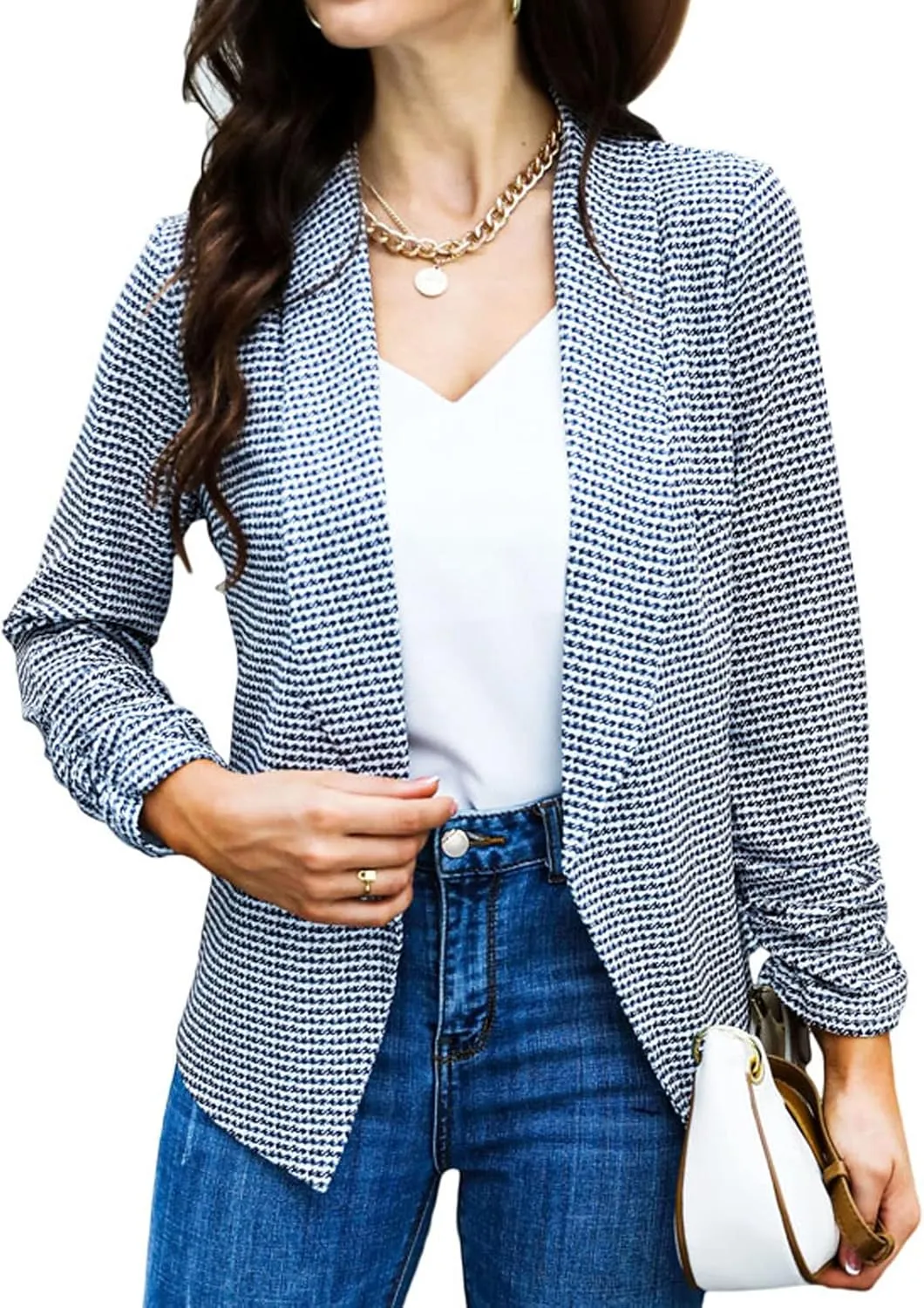 POGTMM Women 3/4 Sleeve Blazer Open Front Cardigan Jacket Work Office Blazer