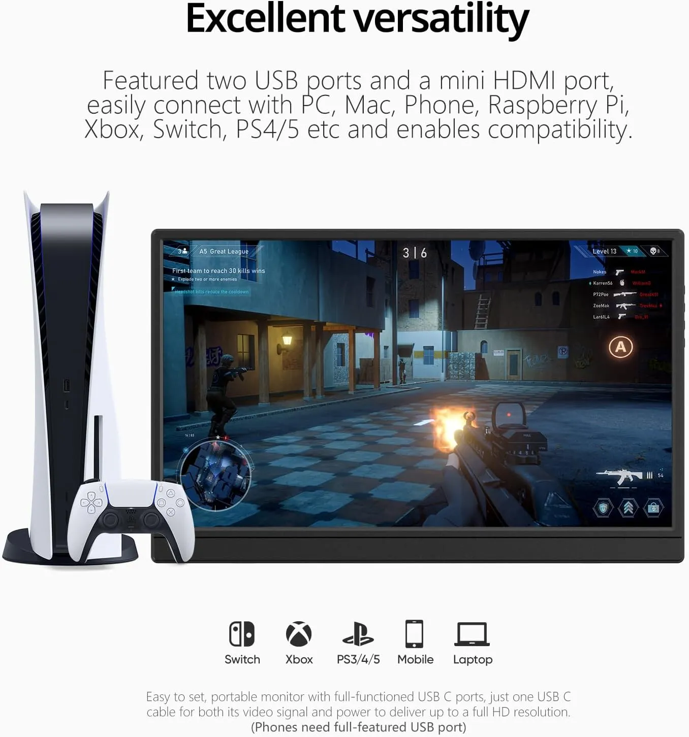 Portable Monitor 15.6 Inch 1080P USB-C HDMI Ultra-Slim Travel Monitor with Kickstand, for Laptop, PC, Mac Phone, PS, Xbox, Swich IPS Ultra-Thin Zero Frame Gaming Monitor