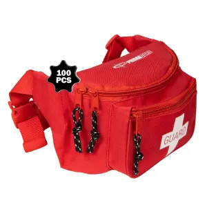 Primacare CSKB-8004 Pack of 100 First Aid Empty Fanny Pack for Emergency Equipment Set, 8"x2"x6", Lifeguard Waist Travel Bag for Men and Women with 3 Pockets, Red