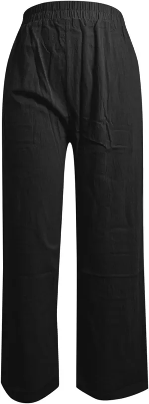 PTOLOCIF Linen Pants for Women Wide Straight Leg Pants Baggy Elastic Waist Pant Summer Loose Fit Trousers with Pockets