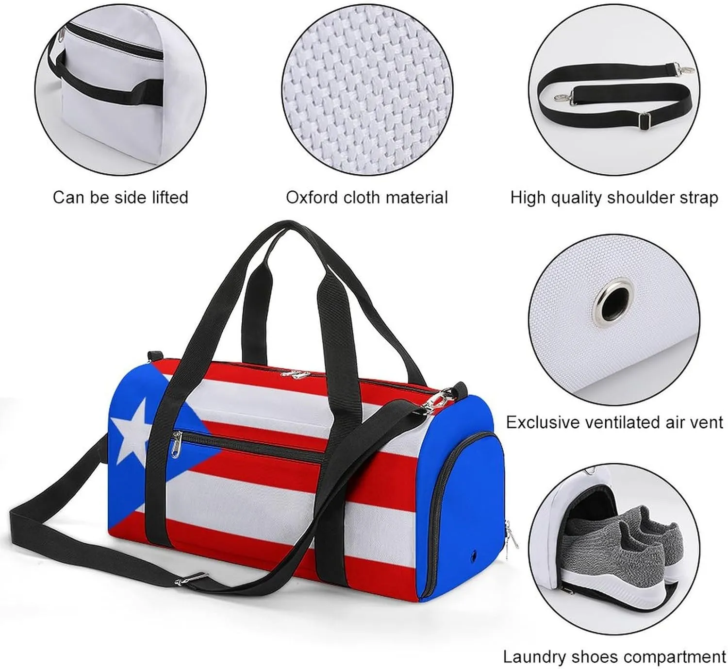 Puerto Rico Flag Duffel Bag for Men Women with Wet Pocket Shoe Compartment