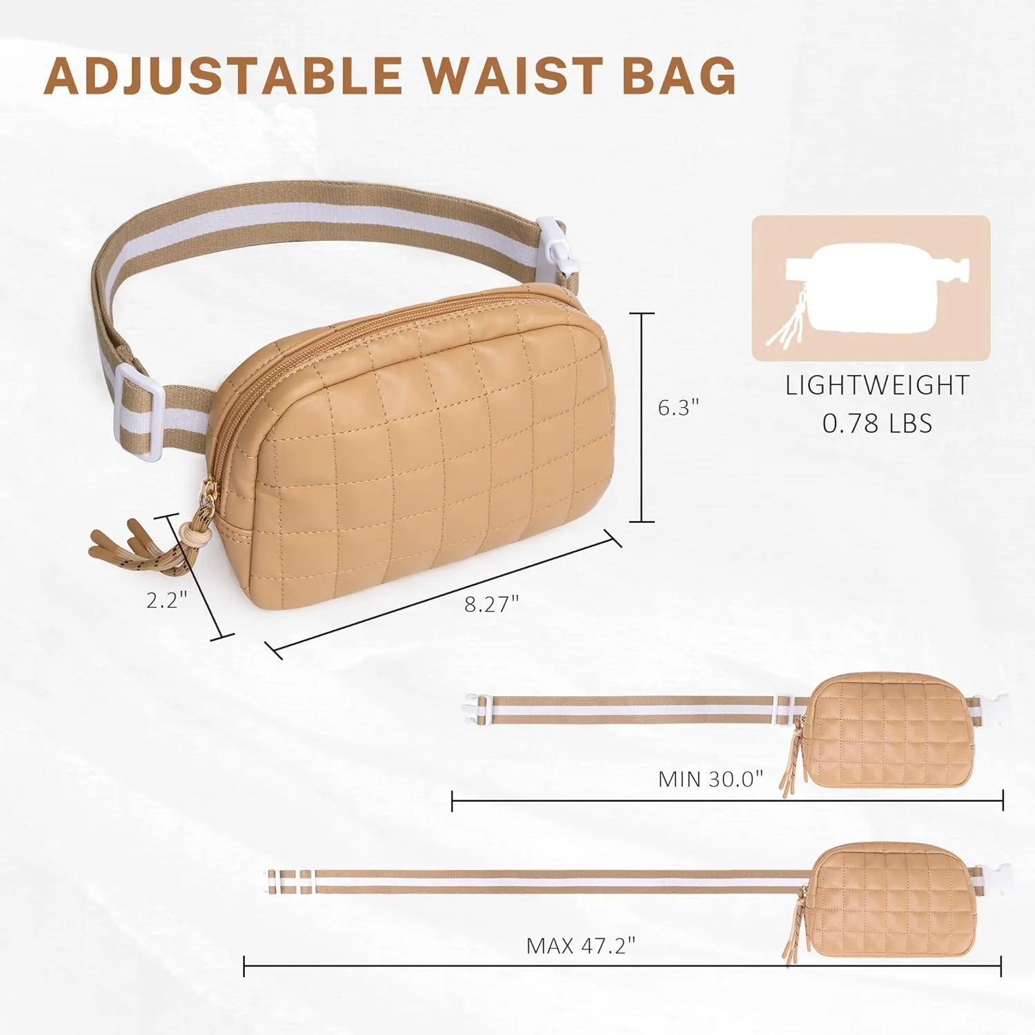 Puffer Waist Bag for Women Quilted Fanny Pack Puffy Belt Bag Cross Body Bag with Adjustable Strap for Running Shopping Hiking Workout (Khaki)