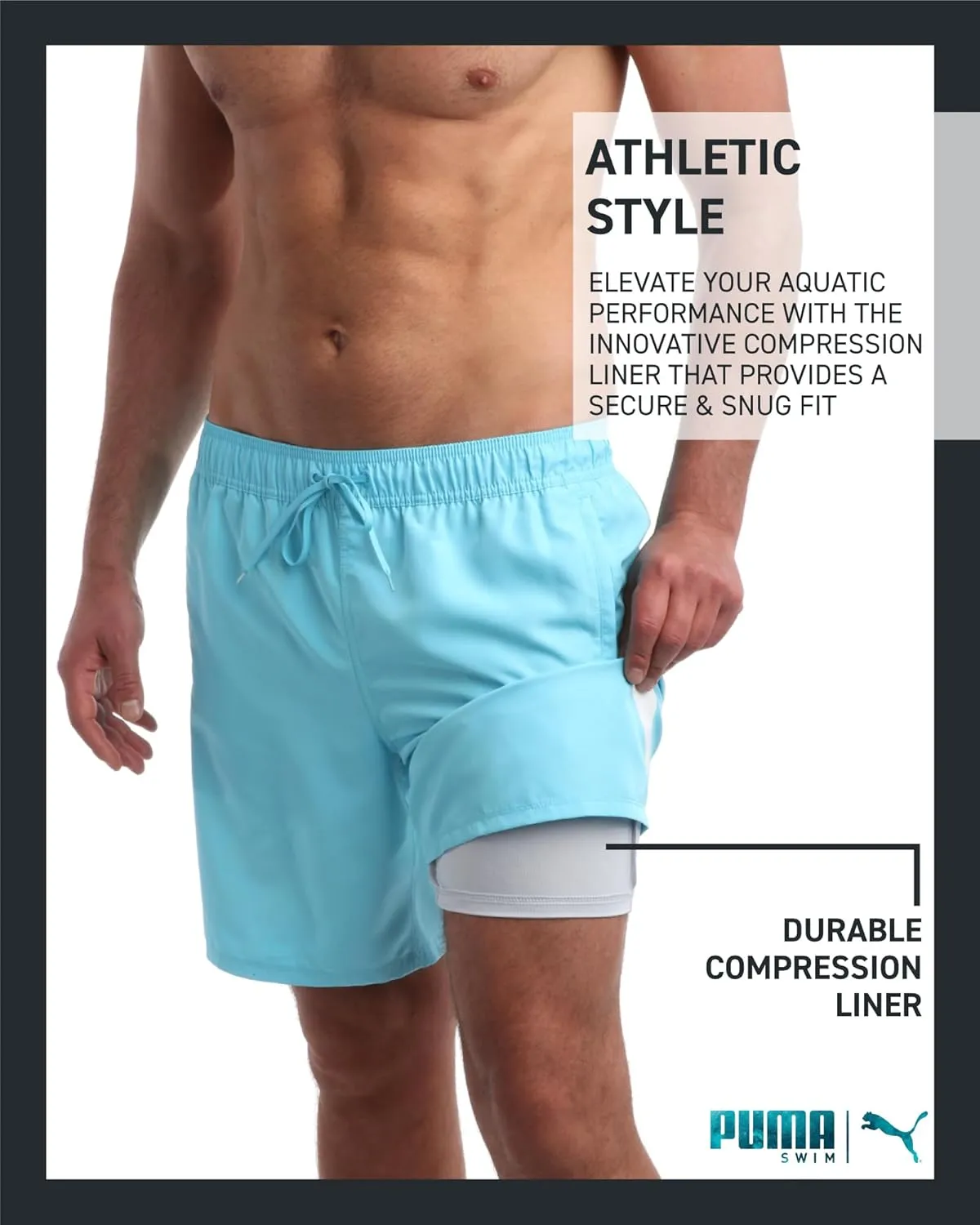 PUMA Men's Bathing Suit - Quick Dry Swimsuit Trunks with Mesh Compression Liner - 8" Inseam Swimwear (S-XL)