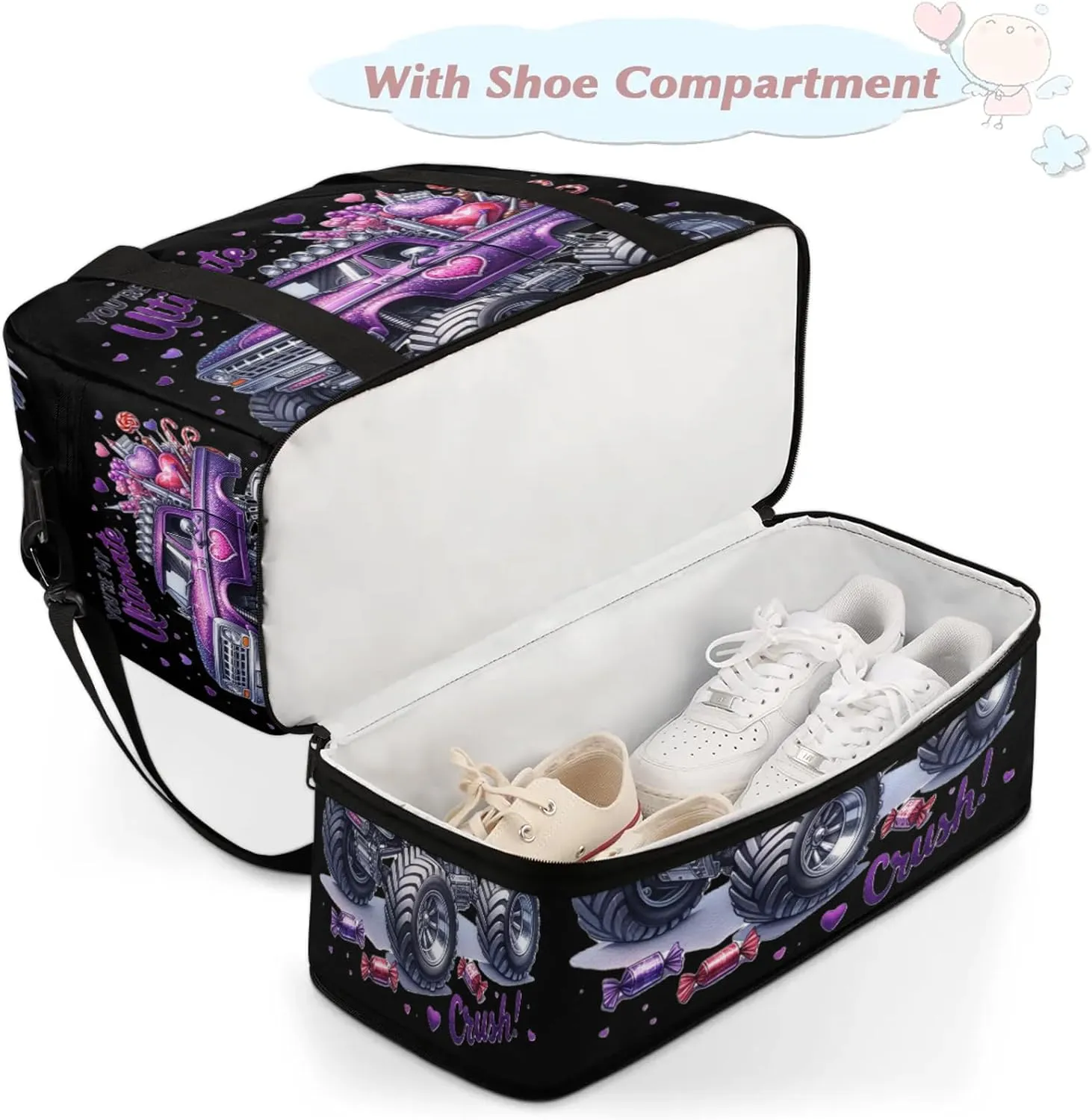 Purple Monster Truck Travel Duffel Bags for Women & Men Large Sports Gym Bags Foldie Weekender Overnight Bag Carry On Tote Bag With Shoe Compartment Personal Item Luggage for Travel Sports Gym