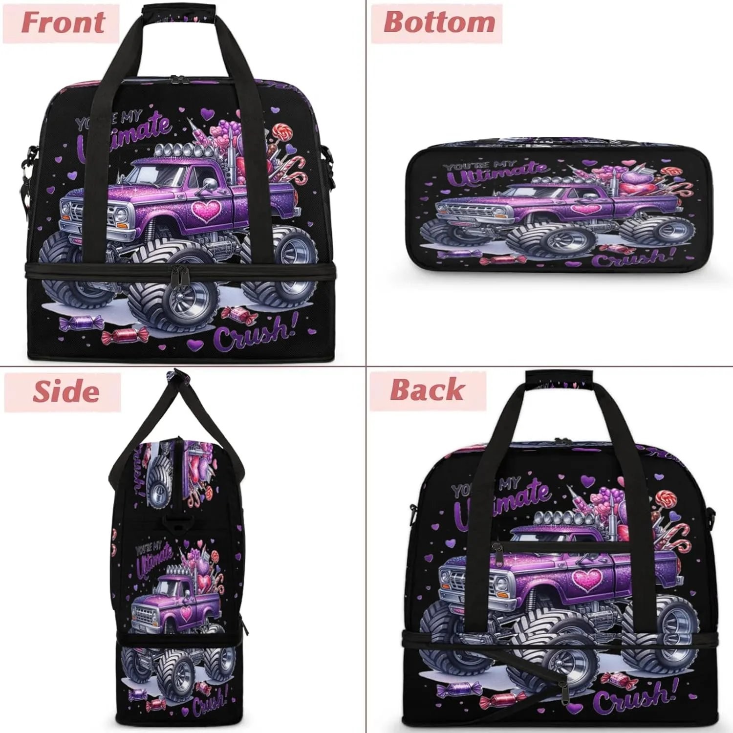 Purple Monster Truck Travel Duffel Bags for Women & Men Large Sports Gym Bags Foldie Weekender Overnight Bag Carry On Tote Bag With Shoe Compartment Personal Item Luggage for Travel Sports Gym