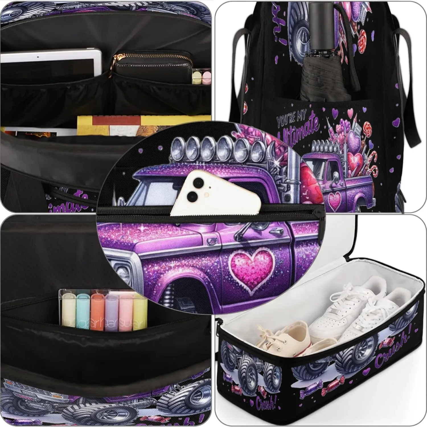 Purple Monster Truck Travel Duffel Bags for Women & Men Large Sports Gym Bags Foldie Weekender Overnight Bag Carry On Tote Bag With Shoe Compartment Personal Item Luggage for Travel Sports Gym