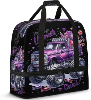 Purple Monster Truck Travel Duffel Bags for Women & Men Large Sports Gym Bags Foldie Weekender Overnight Bag Carry On Tote Bag With Shoe Compartment Personal Item Luggage for Travel Sports Gym