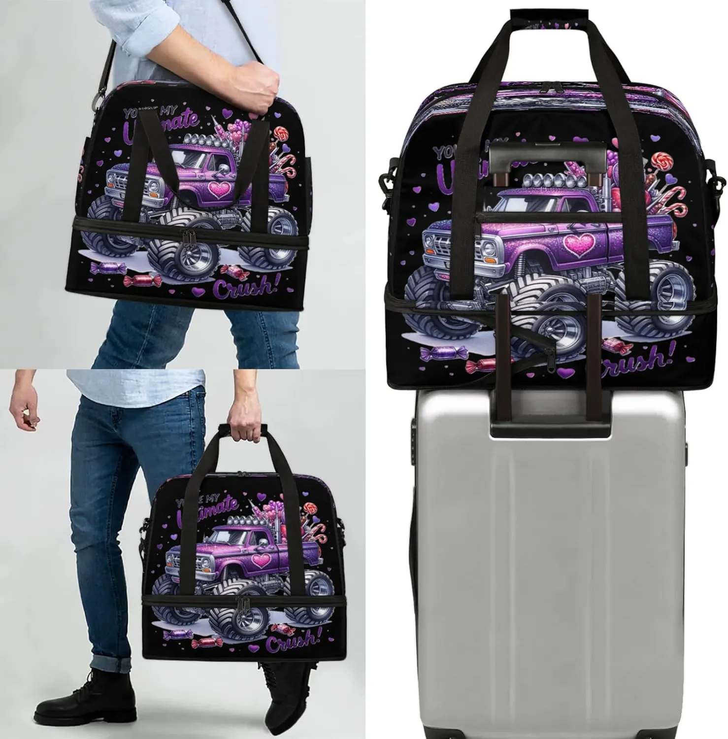 Purple Monster Truck Travel Duffel Bags for Women & Men Large Sports Gym Bags Foldie Weekender Overnight Bag Carry On Tote Bag With Shoe Compartment Personal Item Luggage for Travel Sports Gym