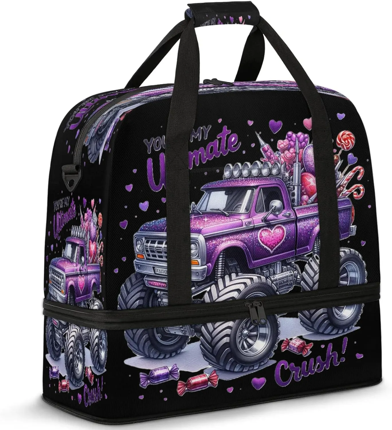 Purple Monster Truck Travel Duffel Bags for Women & Men Large Sports Gym Bags Foldie Weekender Overnight Bag Carry On Tote Bag With Shoe Compartment Personal Item Luggage for Travel Sports Gym