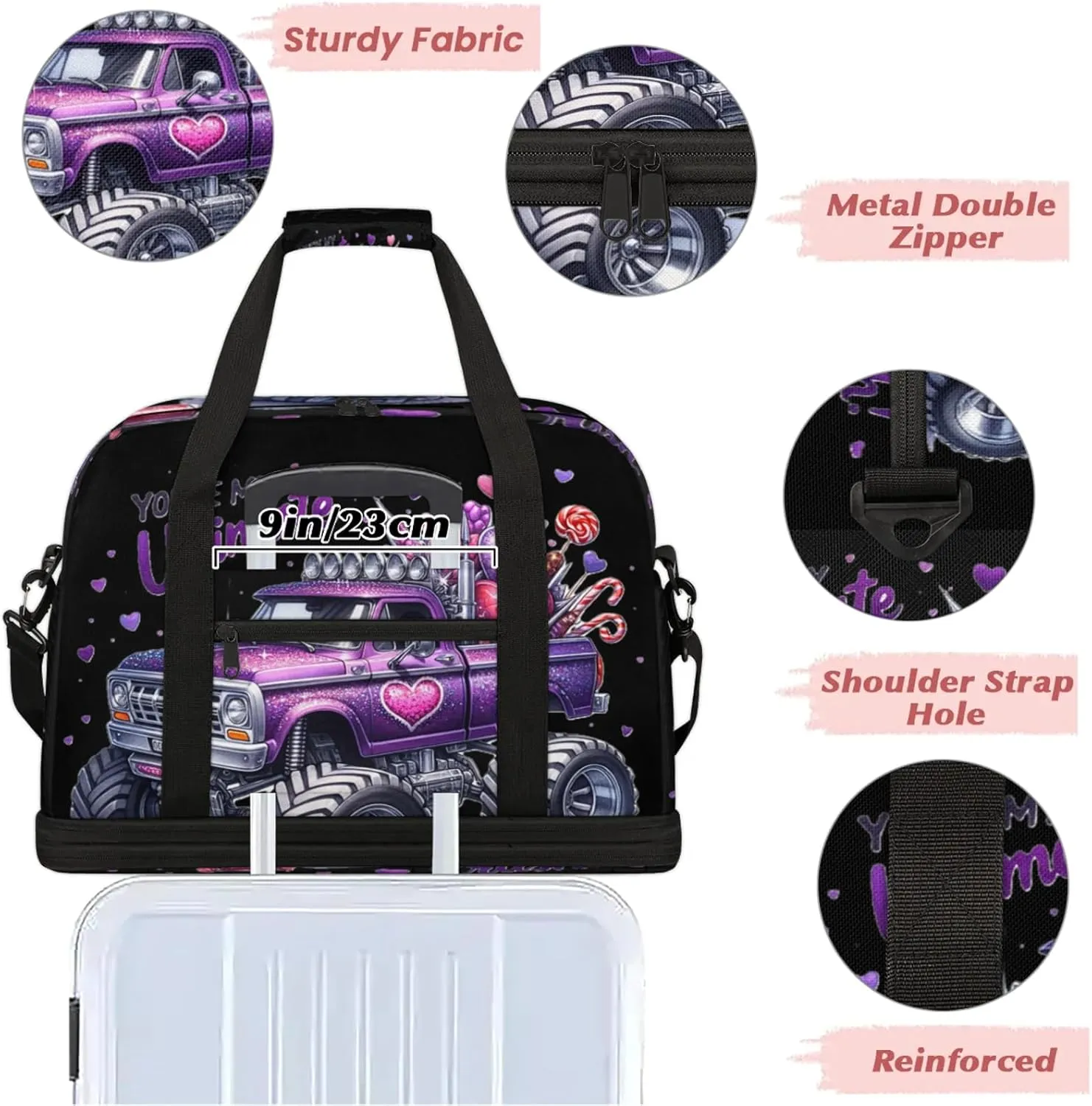 Purple Monster Truck Travel Duffel Bags for Women & Men Large Sports Gym Bags Foldie Weekender Overnight Bag Carry On Tote Bag With Shoe Compartment Personal Item Luggage for Travel Sports Gym