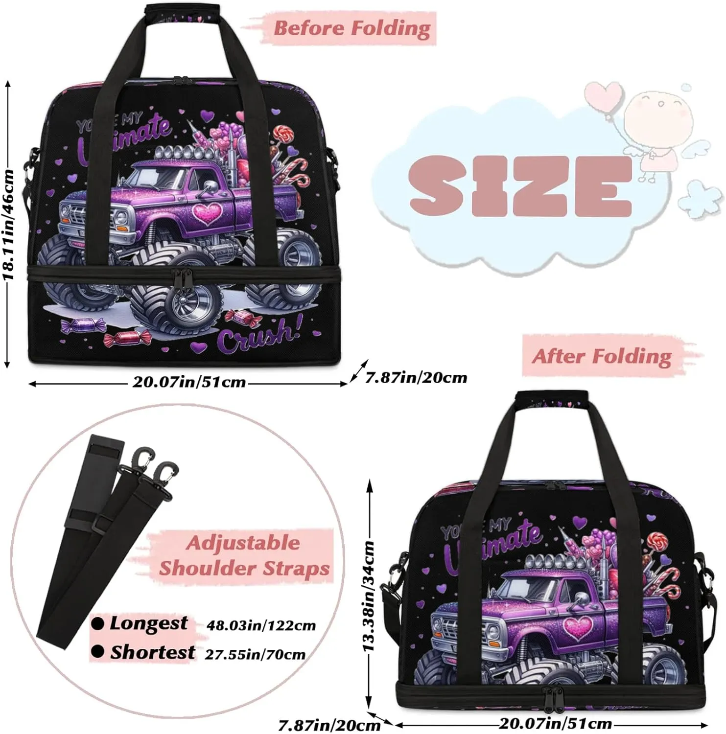 Purple Monster Truck Travel Duffel Bags for Women & Men Large Sports Gym Bags Foldie Weekender Overnight Bag Carry On Tote Bag With Shoe Compartment Personal Item Luggage for Travel Sports Gym