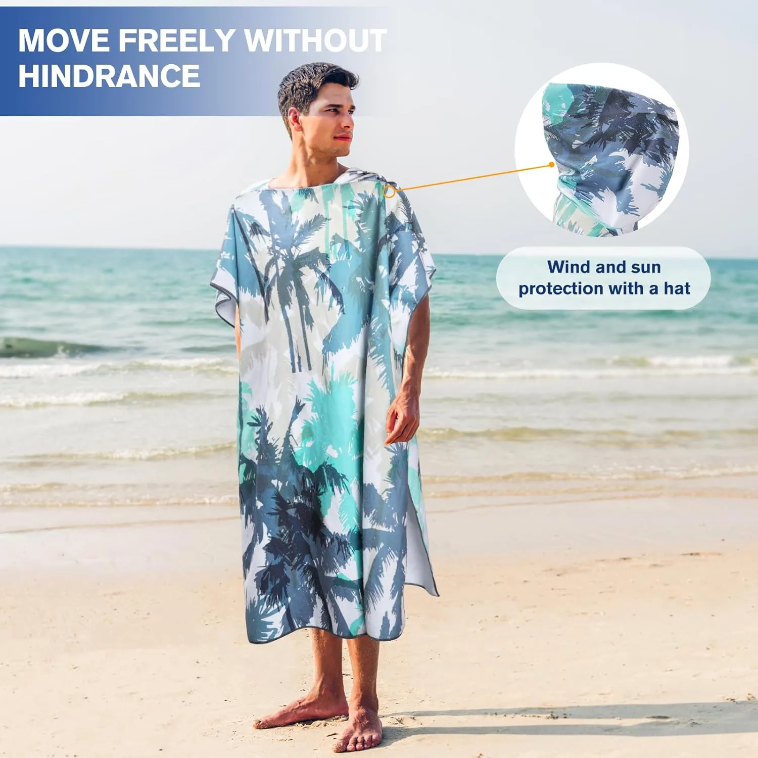 Queenshin Extra Large Coconut Tree Hooded Beach Towel, Quick Dry Microfiber Adults Poncho Changing Pool Towel Robe 35 x 40 inch
