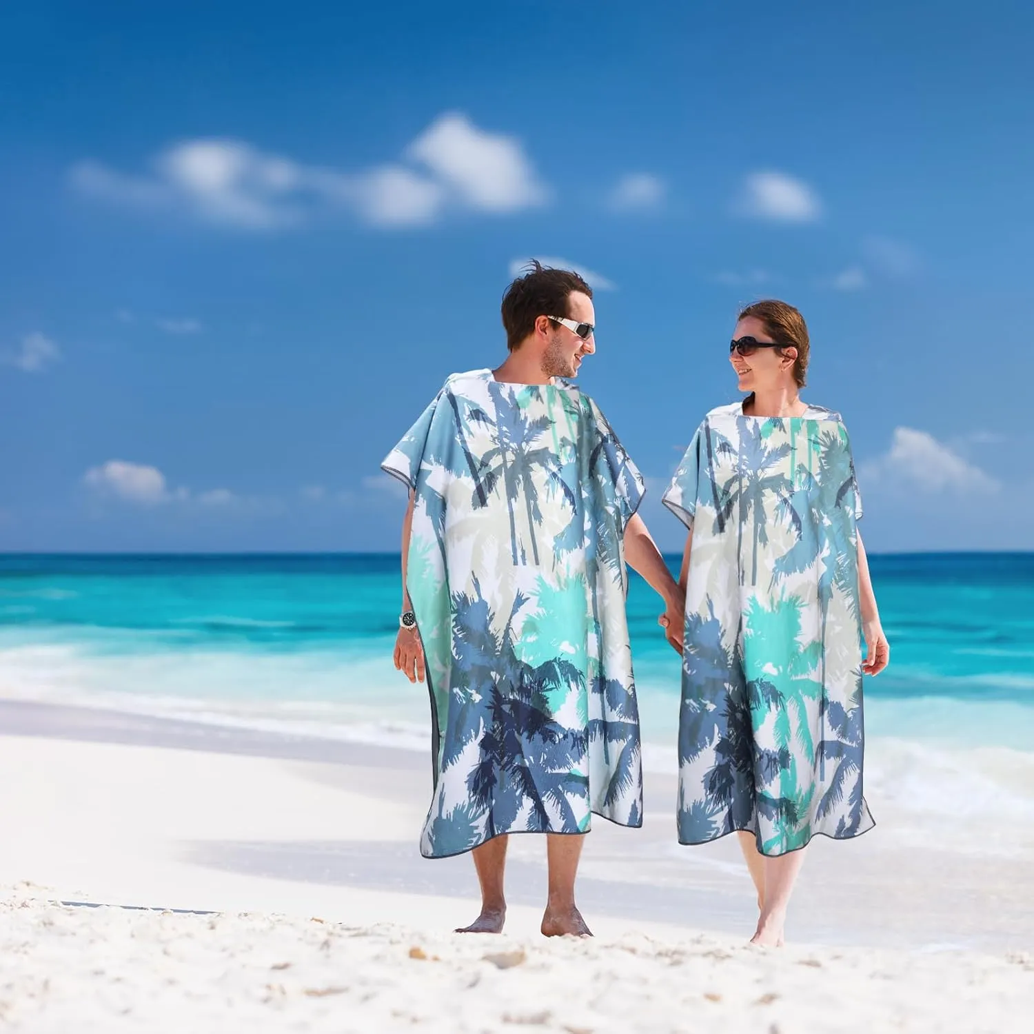 Queenshin Extra Large Coconut Tree Hooded Beach Towel, Quick Dry Microfiber Adults Poncho Changing Pool Towel Robe 35 x 40 inch