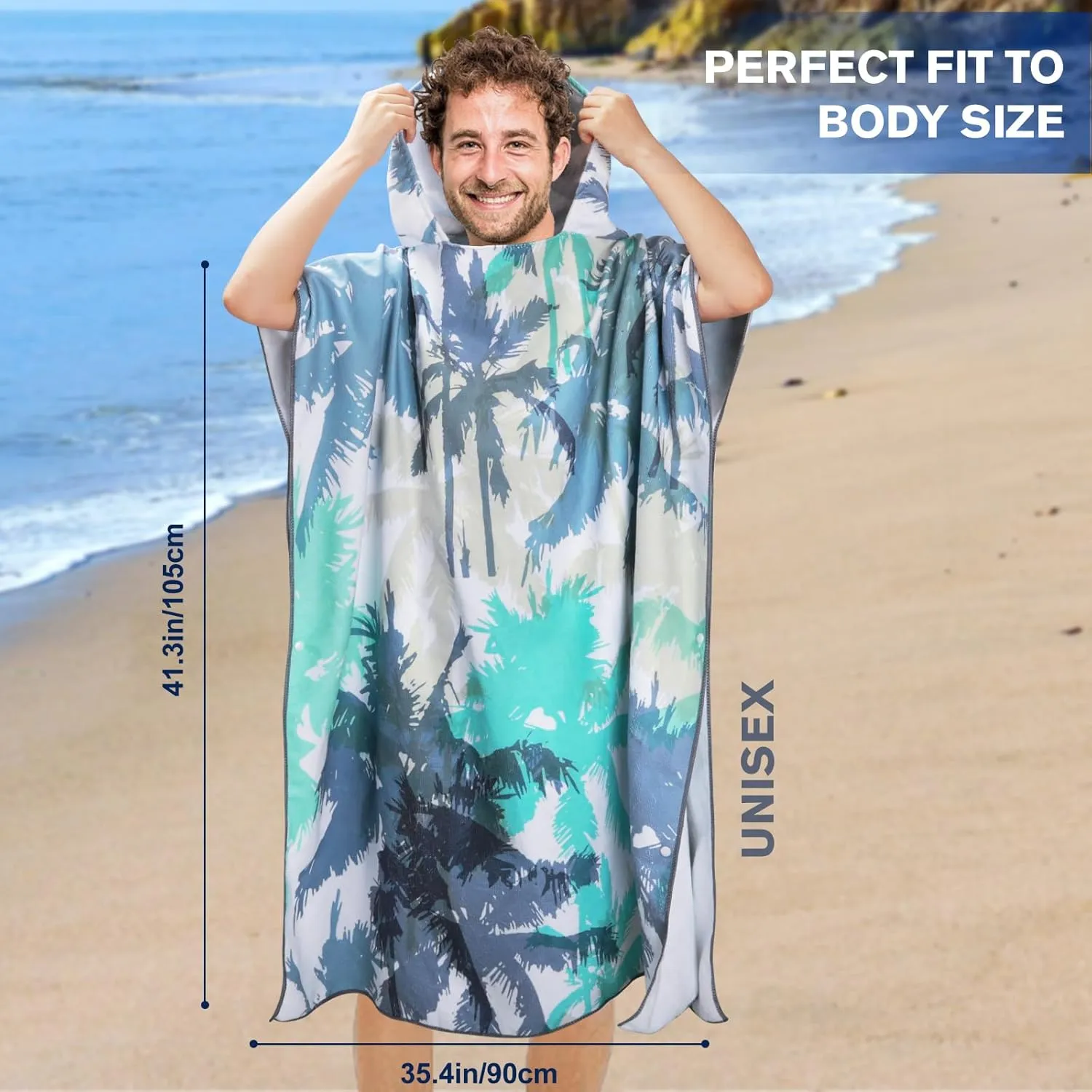 Queenshin Extra Large Coconut Tree Hooded Beach Towel, Quick Dry Microfiber Adults Poncho Changing Pool Towel Robe 35 x 40 inch