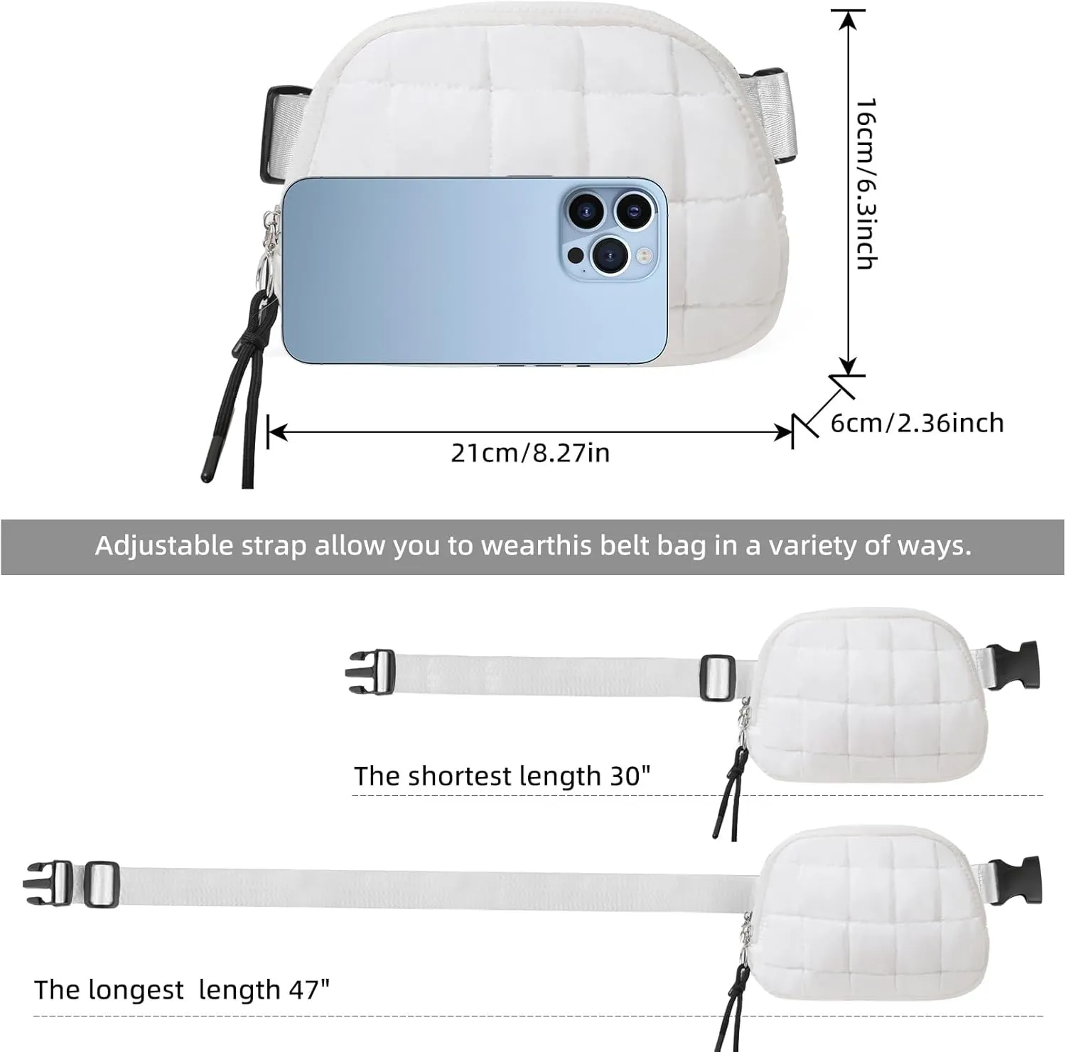 Quilted Puffer Belt Bag, Everywhere Waist Fanny Packs, Lightweight Crossbody Bag with Adjustable Strap, White