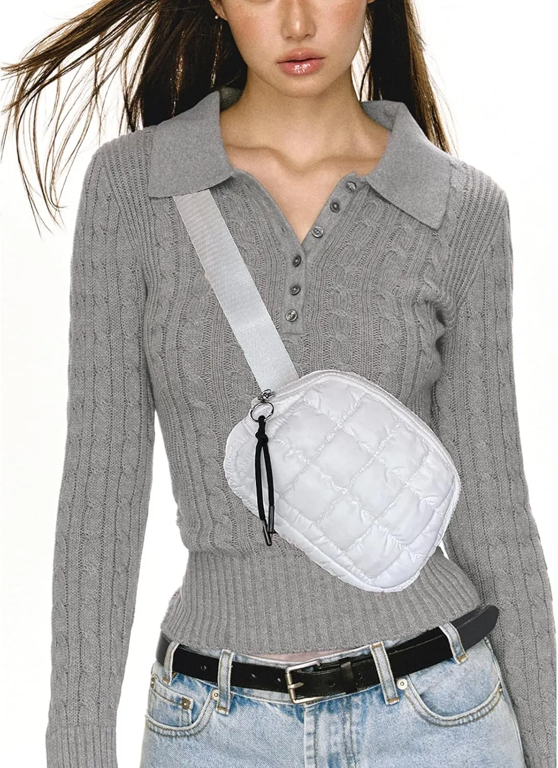 Quilted Puffer Belt Bag, Everywhere Waist Fanny Packs, Lightweight Crossbody Bag with Adjustable Strap, White