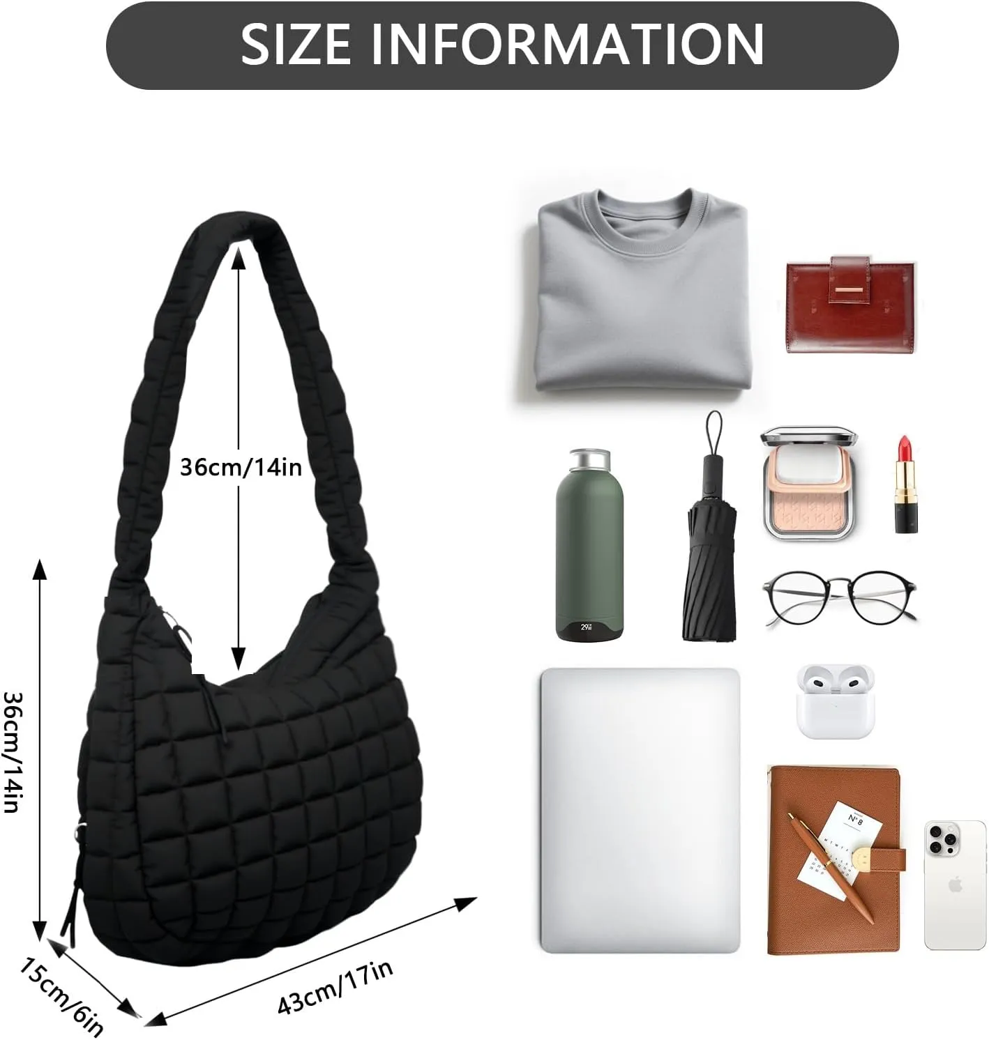 Quilted Puffer Tote Bag for Women, Lightweight Nylon Crossbody Shoulder Bag Puffy Carryall Hobo Handbag with Zippered Pockets