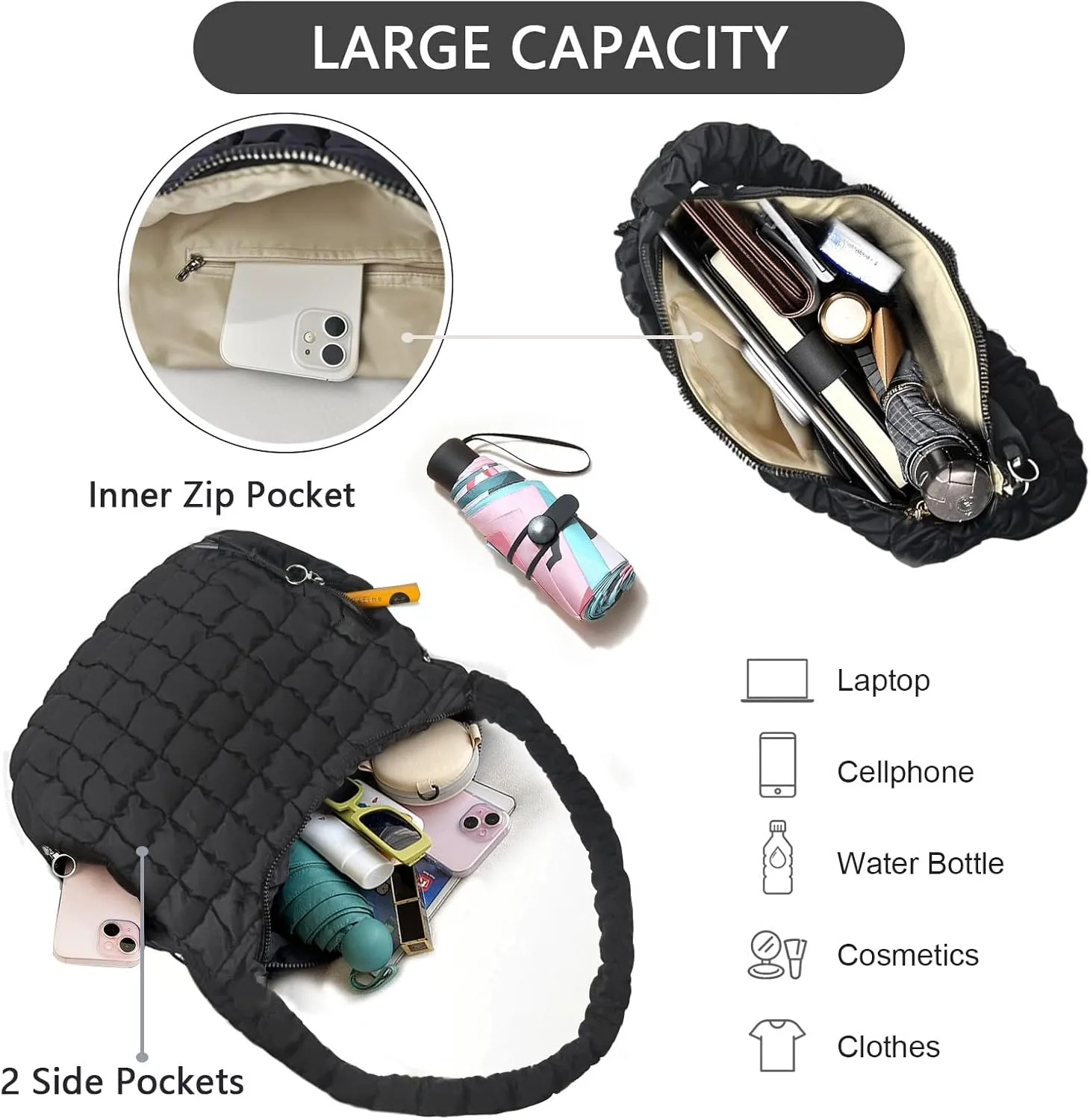 Quilted Puffer Tote Bag for Women, Lightweight Nylon Crossbody Shoulder Bag Puffy Carryall Hobo Handbag with Zippered Pockets