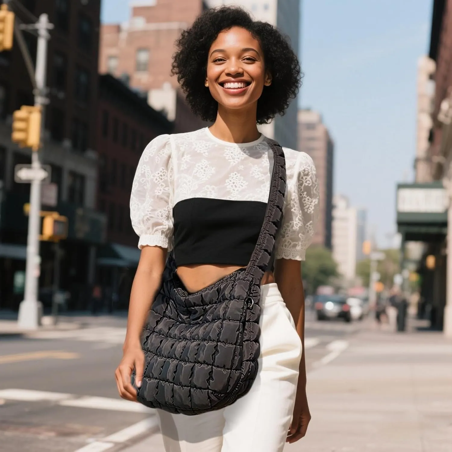 Quilted Puffer Tote Bag for Women, Lightweight Nylon Crossbody Shoulder Bag Puffy Carryall Hobo Handbag with Zippered Pockets