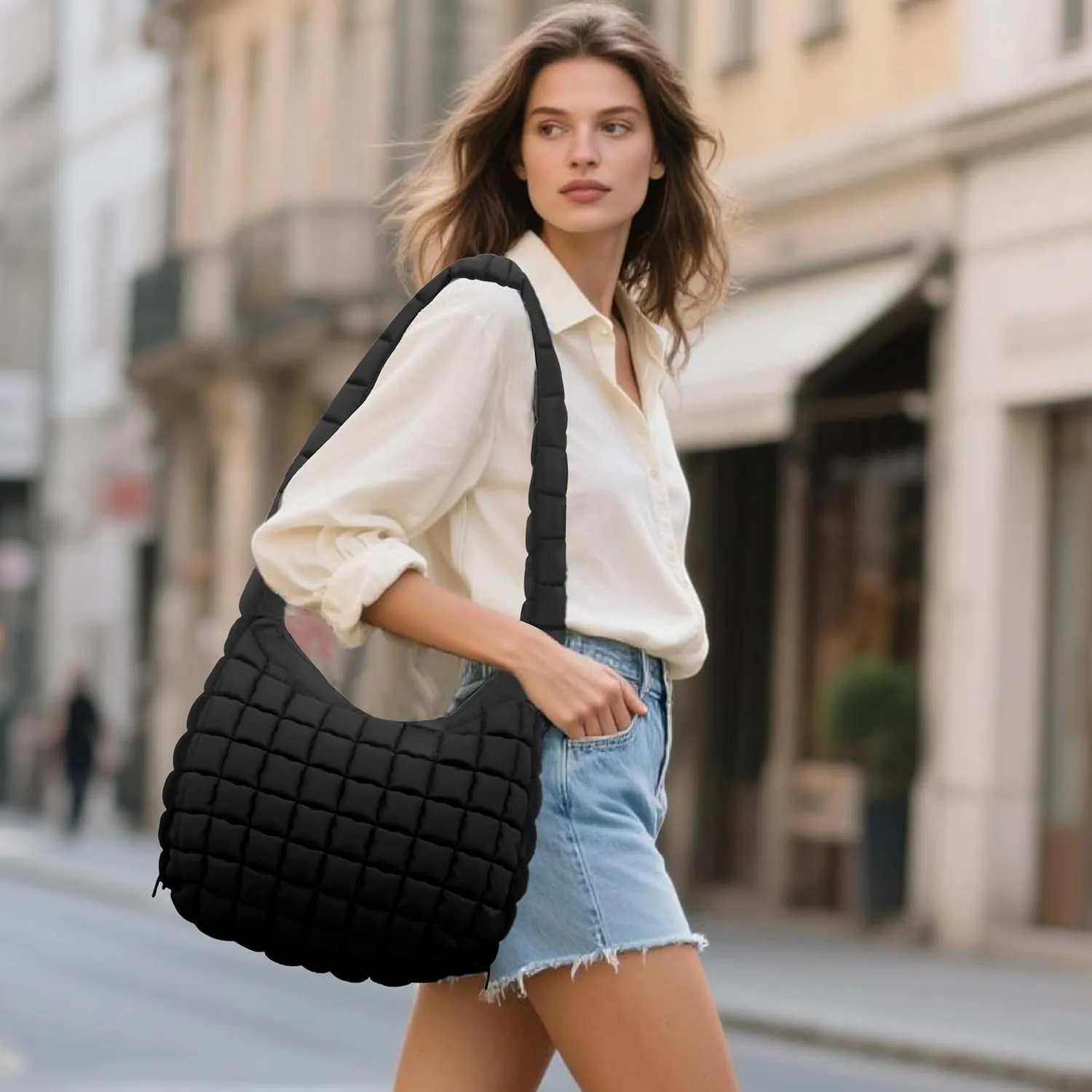 Quilted Puffer Tote Bag for Women, Lightweight Nylon Crossbody Shoulder Bag Puffy Carryall Hobo Handbag with Zippered Pockets