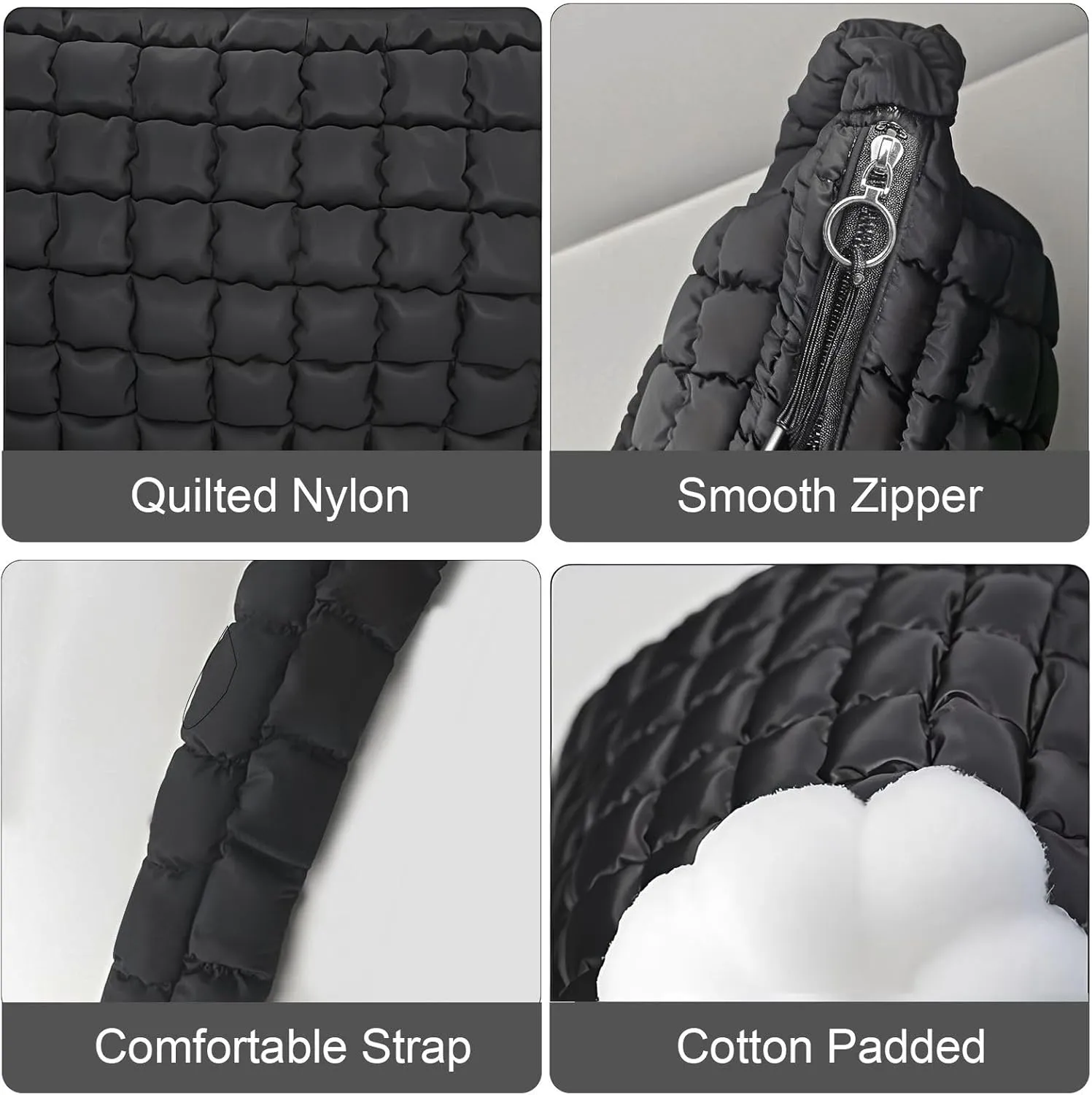 Quilted Puffer Tote Bag for Women, Lightweight Nylon Crossbody Shoulder Bag Puffy Carryall Hobo Handbag with Zippered Pockets