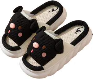 Rabbit Pig And Frog Open-Toe Linen Slippers, Cute Animal Breathable Non-Slip Sandals,Cotton Linen Couple's Home Shoes Indoor And Outdoor