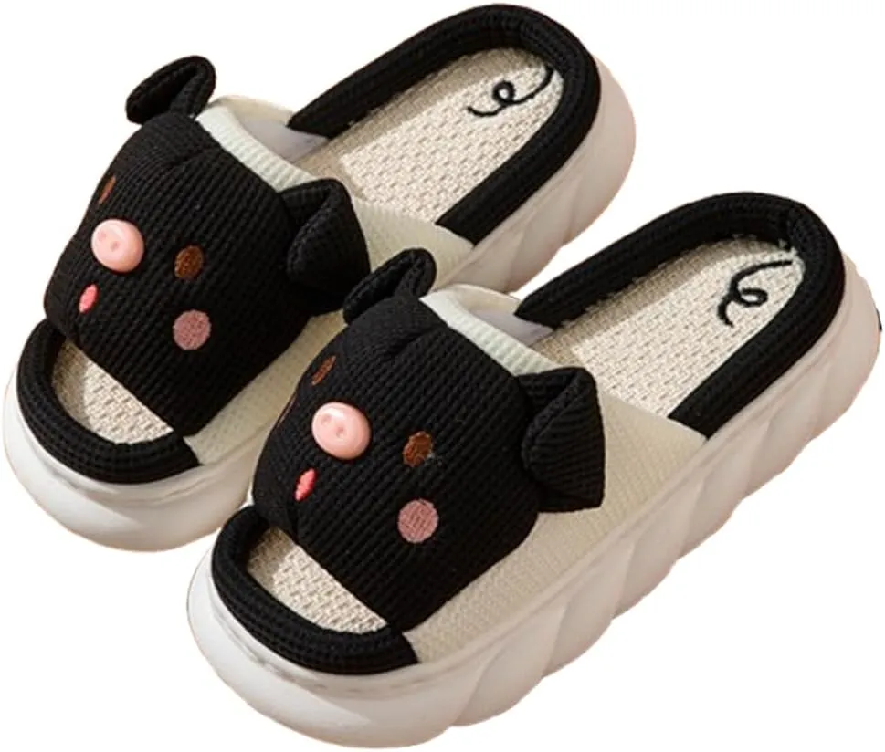 Rabbit Pig And Frog Open-Toe Linen Slippers, Cute Animal Breathable Non-Slip Sandals,Cotton Linen Couple's Home Shoes Indoor And Outdoor