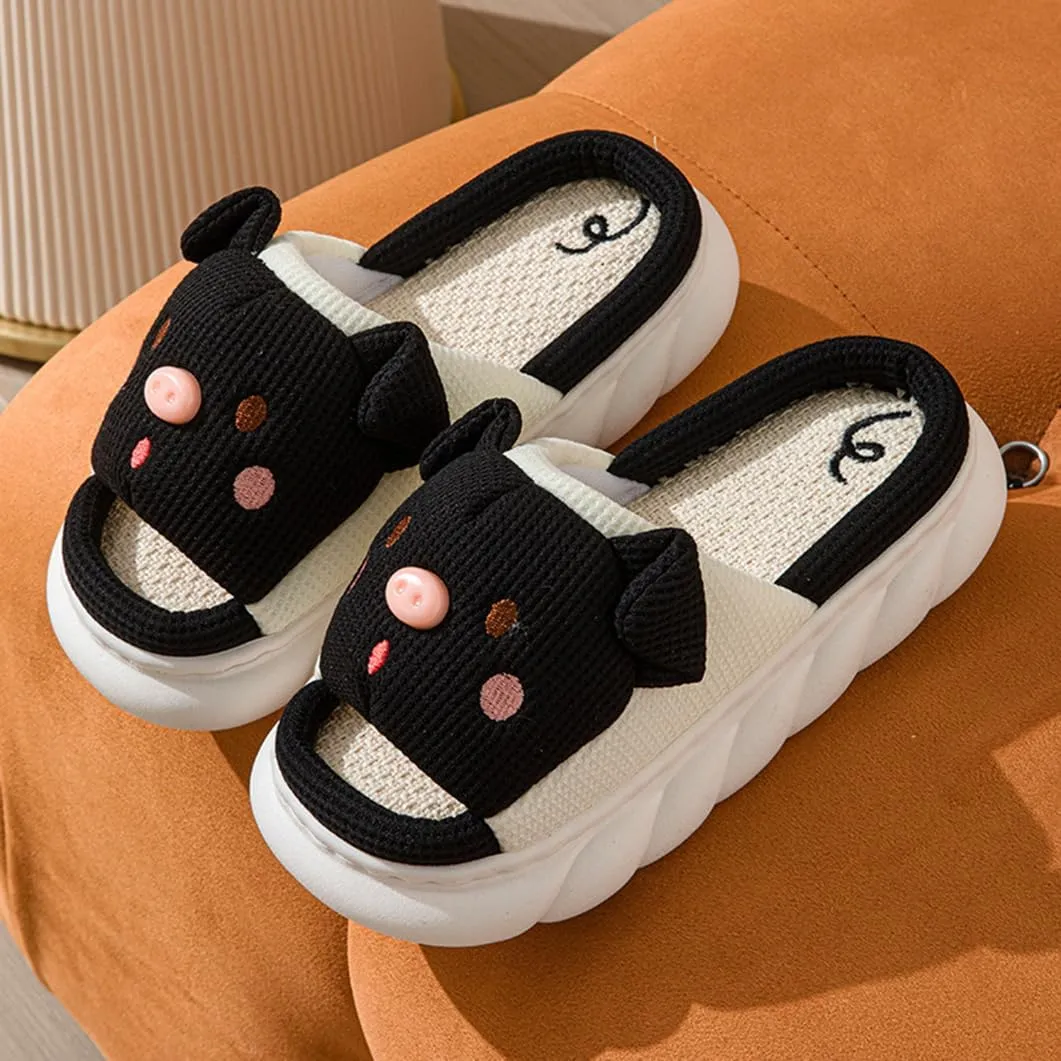 Rabbit Pig And Frog Open-Toe Linen Slippers, Cute Animal Breathable Non-Slip Sandals,Cotton Linen Couple's Home Shoes Indoor And Outdoor