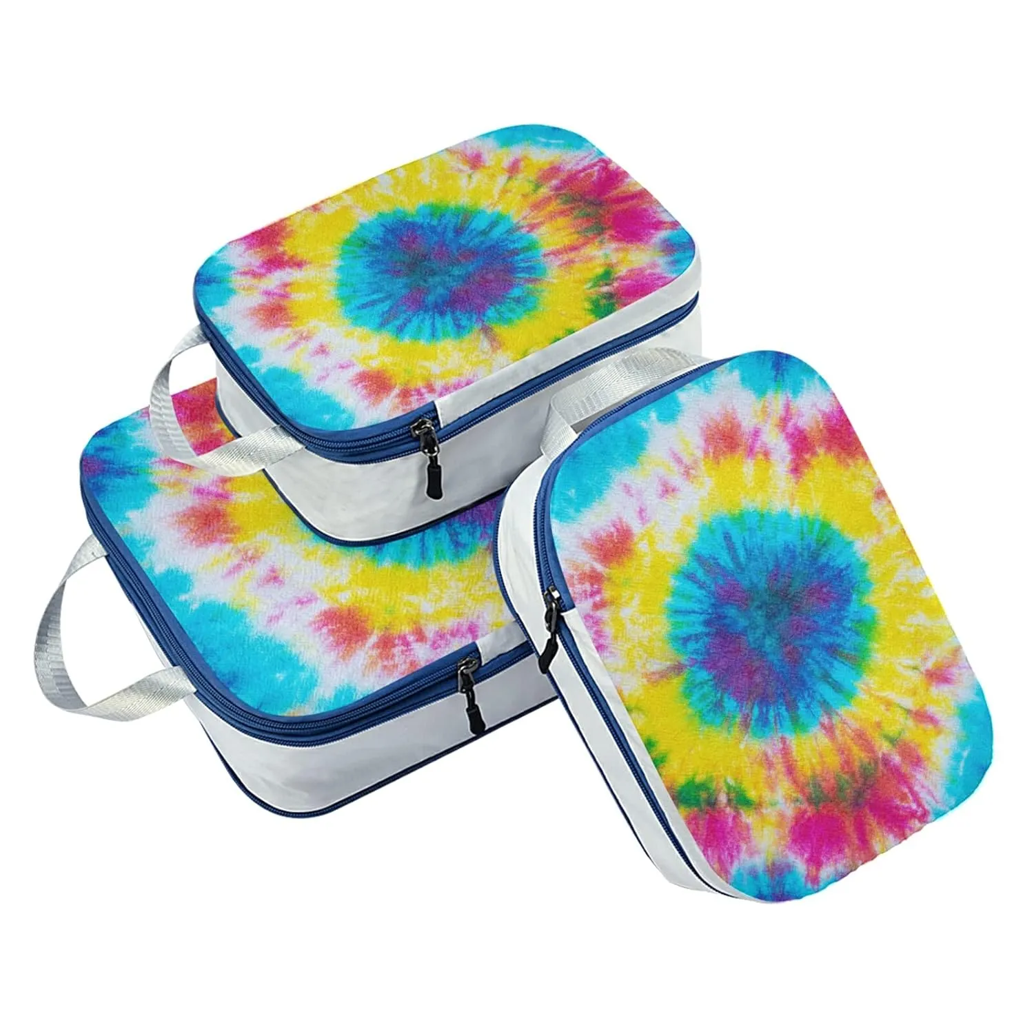 Rainbow Color Spiral Tie Dye Abstract Hippie Pattern 3 Piece set Cubes Expandable Adjustable Luggage Packing Bags, Ultralight Organizer Accessories Travel Suitcase Compressible Bags