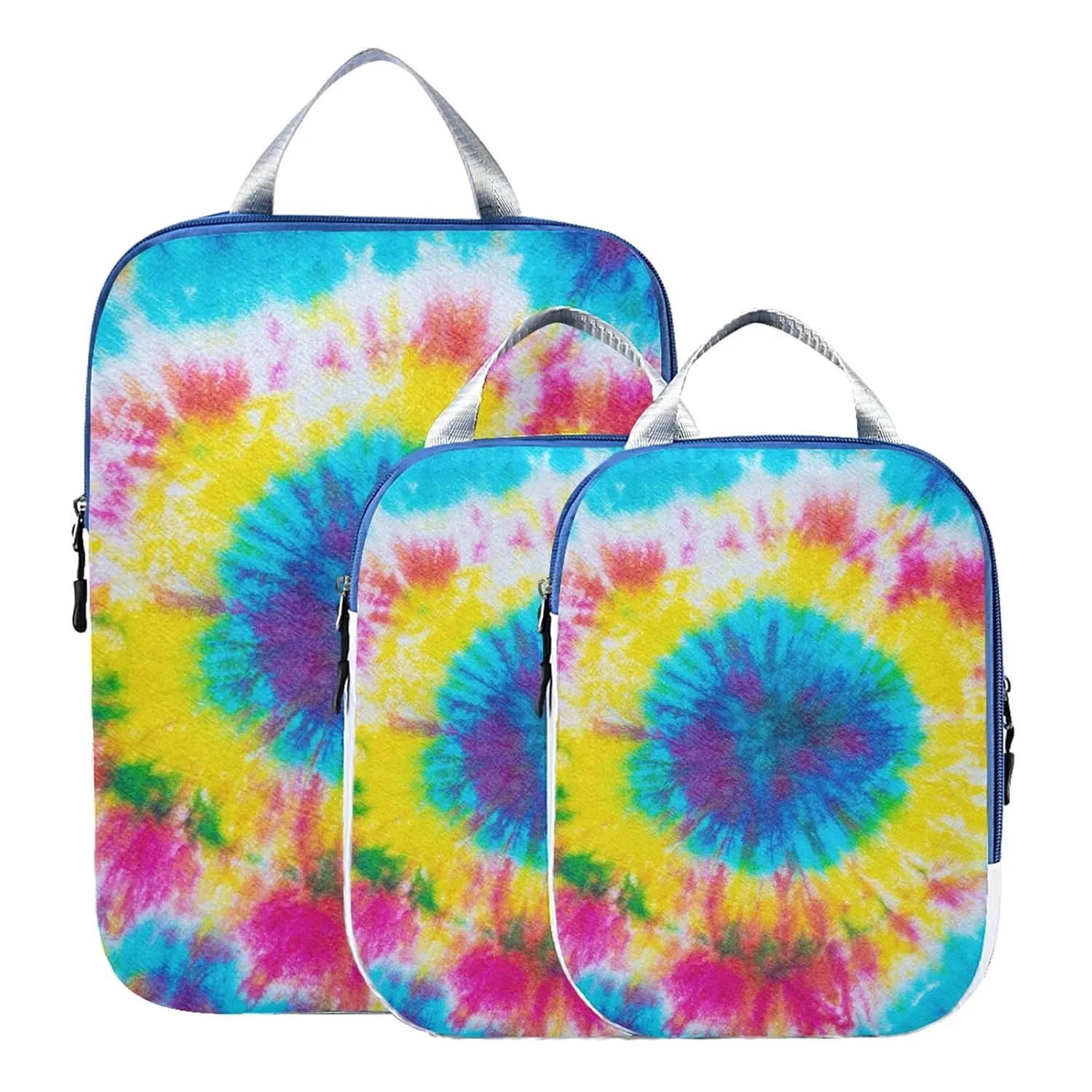 Rainbow Color Spiral Tie Dye Abstract Hippie Pattern 3 Piece set Cubes Expandable Adjustable Luggage Packing Bags, Ultralight Organizer Accessories Travel Suitcase Compressible Bags