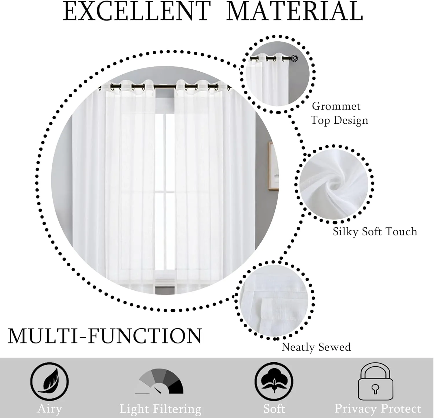 Randall Snow White Linen Sheer Curtain Panel Sets of 2 with Eyelets Open Weave Faux Linen Window Treament for Living Room Bedroom Farmhouse, Elegant Nickel Grommet Top-54x84 Inch