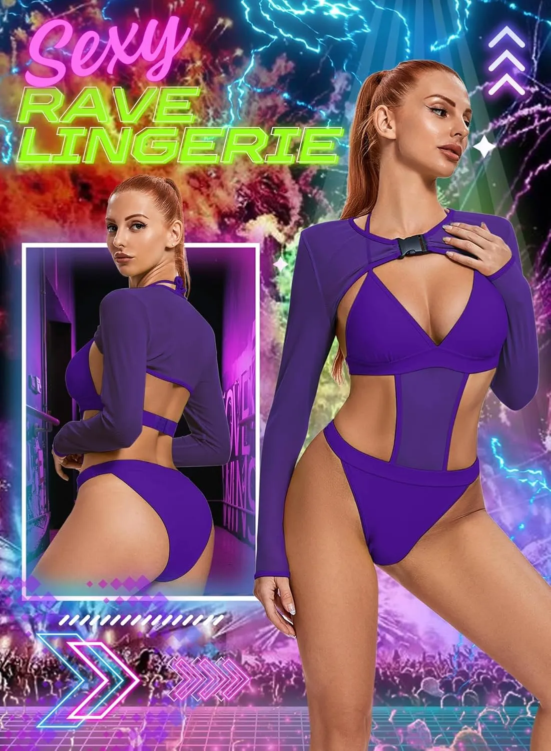 Rave Outfits for Womens - EDC Festival Neon Bodysuit Long Swimsuits Mesh Buckle Shrug Crop Top Club Party 2 Pcs Set