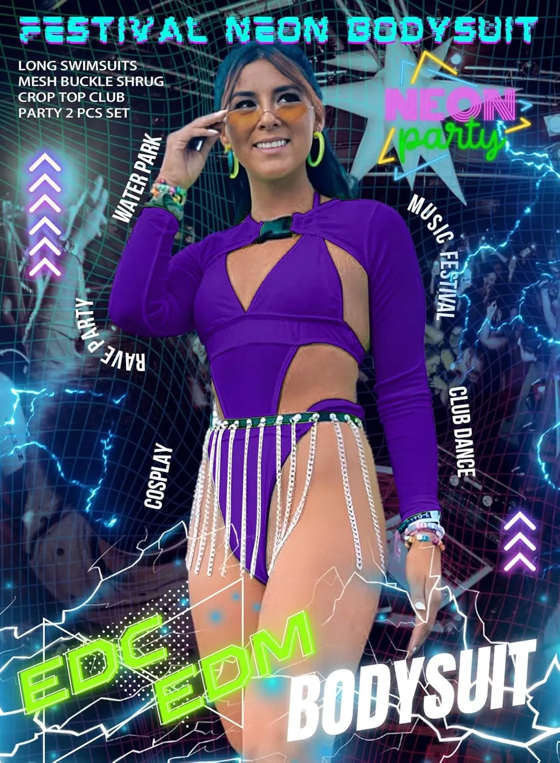 Rave Outfits for Womens - EDC Festival Neon Bodysuit Long Swimsuits Mesh Buckle Shrug Crop Top Club Party 2 Pcs Set