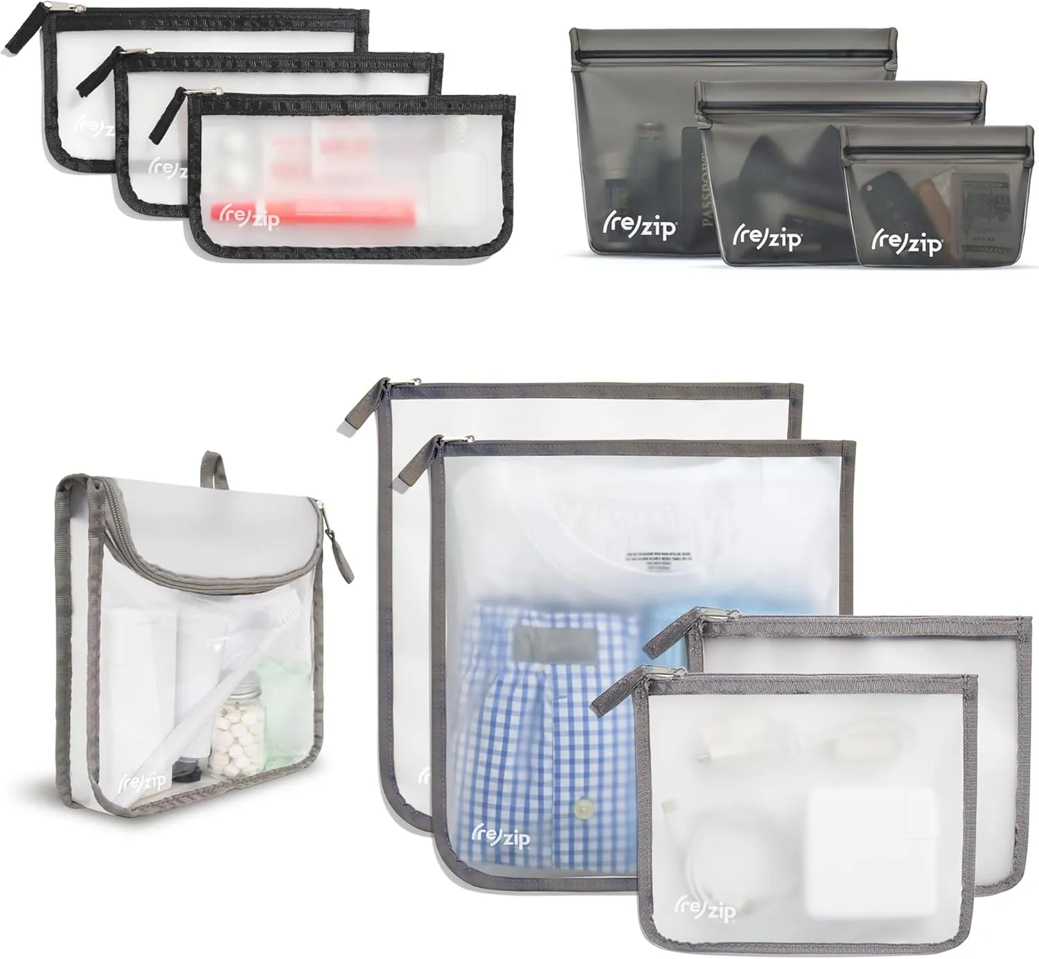 (re) zip 11-Piece Travel Organization Kit | TSA-Compliant Travel Quart, Small, Medium, & Gallon Zippered Bags, and 3 Leakproof Stand Up Bags |For Documents, Toiletries, Snacks & More