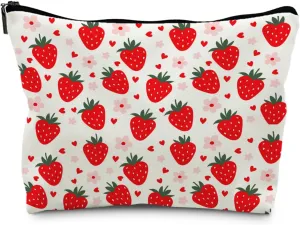 Red Strawberry Makeup Bag Cosmetic Bag, Cute Strawberry Stuff, Strawberry Gifts for Women, Cut Strawberry Small Makeup Bag for Purse (PU)