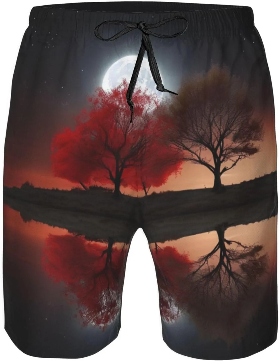 Red Tree Lake Moon Men's Swim Trunks Quick Dry Board Shorts with Pockets Drawstring Beach Shorts Bathing Suit