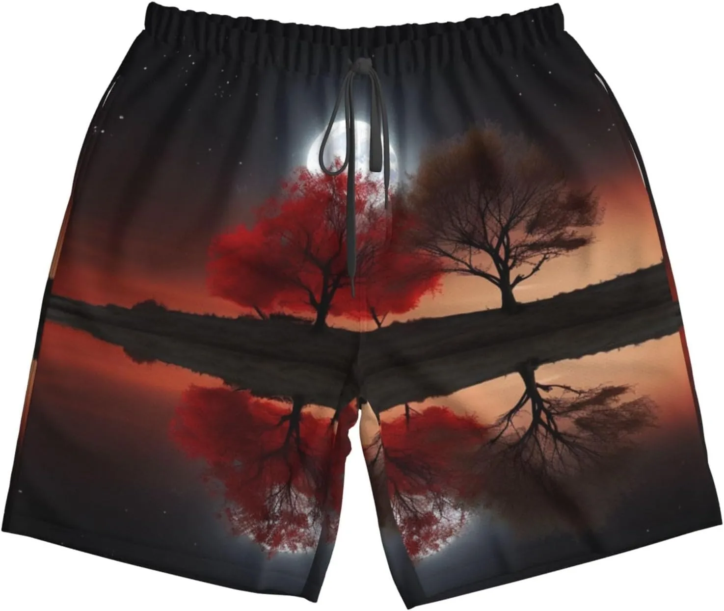 Red Tree Lake Moon Men's Swim Trunks Quick Dry Board Shorts with Pockets Drawstring Beach Shorts Bathing Suit