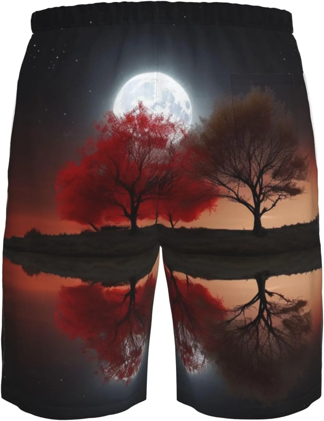 Red Tree Lake Moon Men's Swim Trunks Quick Dry Board Shorts with Pockets Drawstring Beach Shorts Bathing Suit