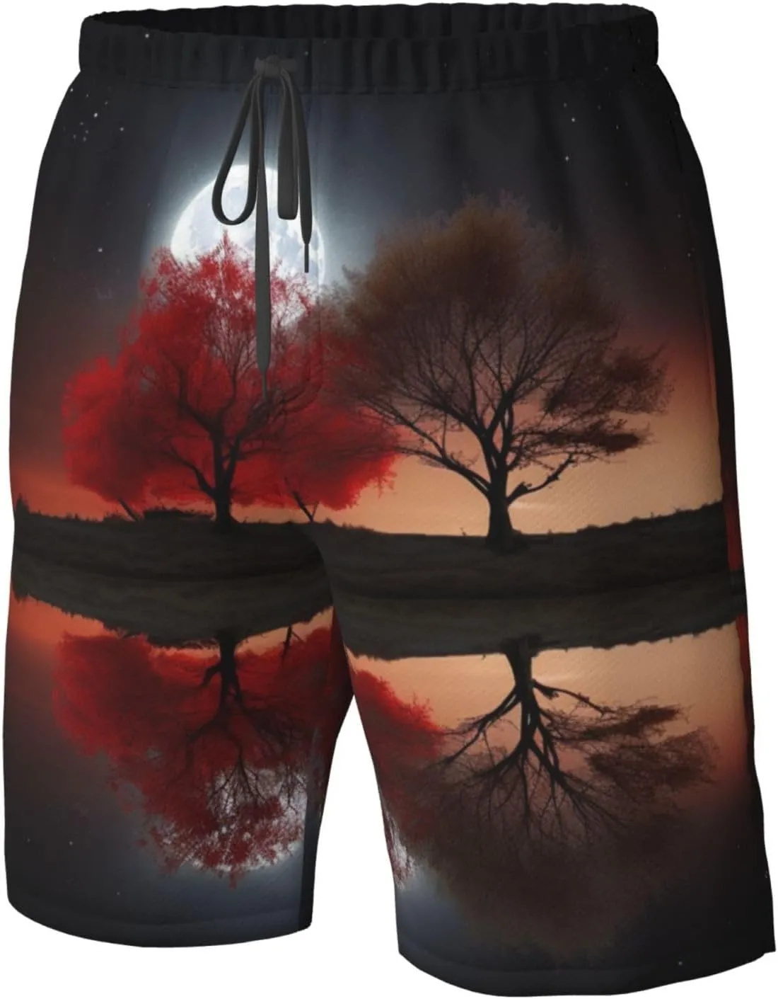 Red Tree Lake Moon Men's Swim Trunks Quick Dry Board Shorts with Pockets Drawstring Beach Shorts Bathing Suit