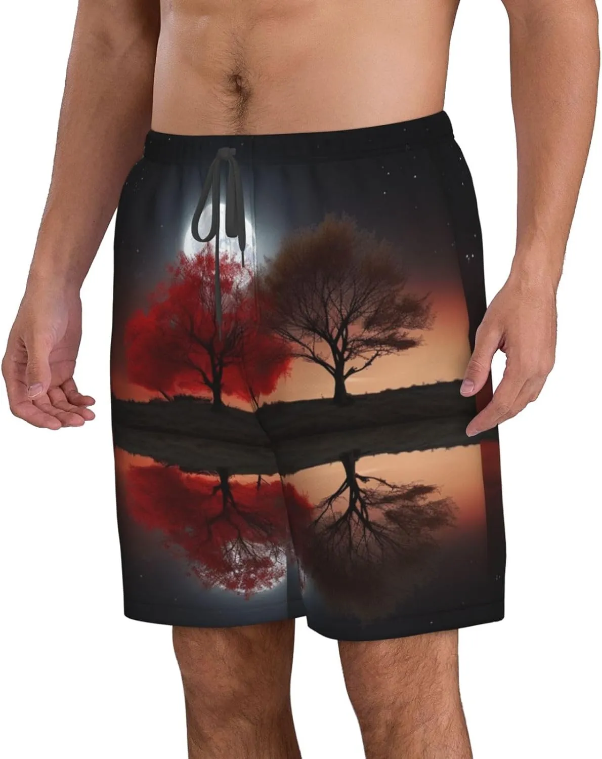 Red Tree Lake Moon Men's Swim Trunks Quick Dry Board Shorts with Pockets Drawstring Beach Shorts Bathing Suit